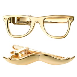 Yoursfs Glasses Moutache Tie Clip Set For Men Gold Tie Bar Clips for Men Personaized Slim Tie Pins