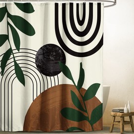 Yookeb Abstract Mid Century Bathroom Shower Curtain 60W by 71H Inch Brown Minimalist Modern Contemporary Leaves Aesthetic Polyester Fabric 12 Plastic Hooks Waterproof Decor