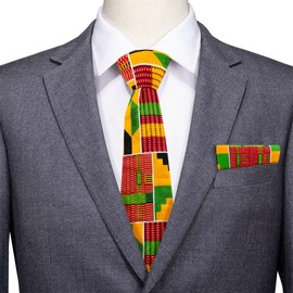 Stioyitois African Print Necktie for Men Pocket Square 2PC Set Kente Neck Ties