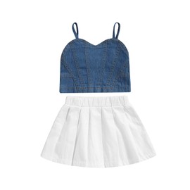 Toddler Baby Girl Outfits Strap Crop Tank Top Pleated A line Skirt Set 2pcs Clothes (Blue White, 5-6 Years)