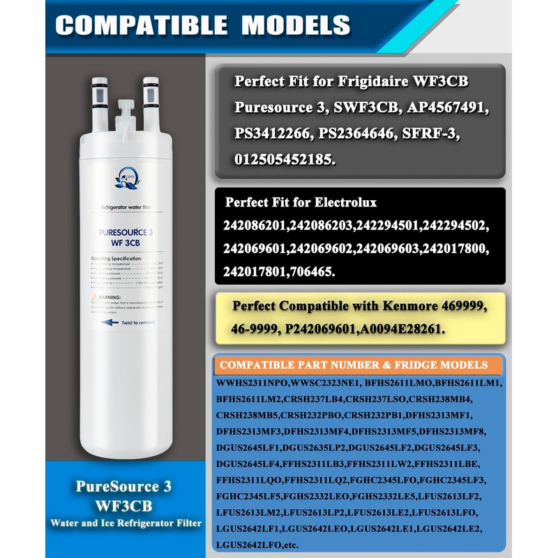 WF3CB Refrigerator Water Filter Compatible with Frigidaire WF3CB Puresource 3