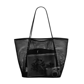 Soulnioi 23L Mesh Tote Bag, Large Tote Bags with Zip Pocket for Women/Girls, Reusable Shopping Bag Shoulder Bag Summer Beach Bags for Travel/Grocery/Picnic (Black)
