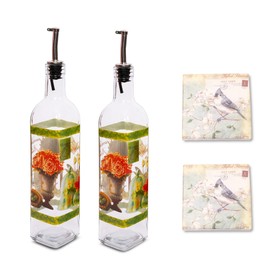 Topadorn 17 oz Olive Oil Dispenser Bottle Set for Kitchen, 2 Pcs Glass Oil Dispenser Bottle with Stainless Steel Pourers, 2 Packs of Napkins, Flowers and Potted Plants