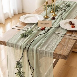 Haquno 2PCS Bohemian Cotton Table Runner Tablecloth - Rustic Wedding Table Decoration for Bridal Showers, Birthdays and Celebrations (90x300cm) - Eco-Friendly Cotton, Reusable (Light green)