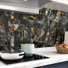 Wallercity Glossy Black/Gold Marble Wallpaper for Backsplash Peel and Stick Countertops Self Adhesive Wall Paper Sticker Waterproof Kitchen Marble Contact Paper for Cabinets Shelf Liner 15.8''x78.7''