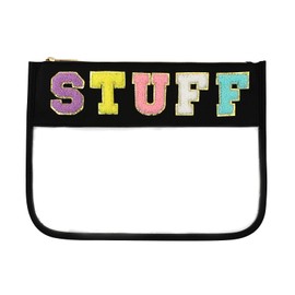 BCRMPT Chenille Letter Bag Clear Flat Pouch,Multi-purpose PVC&Nylon Clear Cosmetic Bags,Travel Makeup Bag With Zipper For Women,Clear Pouches for Travel,Gym,Beach (Black-Stuff)