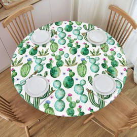 Famame Watercolor Cactus Cacti Fitted Round Tablecloth Waterproof Table Cloth with Elastic Edge Wipe Clean Table Covers for Indoor Outdoor Fits 45"-50", Medium