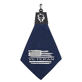 Tromic USA Distressed Flag Military Veteran Skull On Pleather Triangle Golf Towel with Pleather & Swivel Hook Father's Day Club Ball Tee Golfing Gift Birthday Variety Colors Towels Vinyl