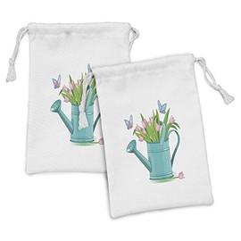 Ambesonne Floral Fabric Pouch Set of 2, Bouquet of Tulips in Watering Can with Cartoon Style Butterflies Gardening Theme, Small Drawstring Bag for Toiletries Masks and Favors, 9" x 6", Multicolor