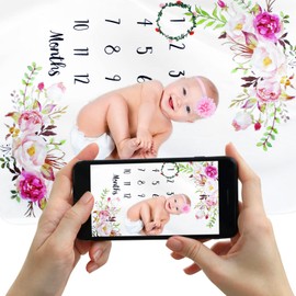 BORDEAG Milestone Blanket Baby Month Blanket Baby Blanket with Floral Pattern Monthly Blanket Baby Boy & Girl Baby Blanket with Month as Gift for Birth 130 x 100 cm