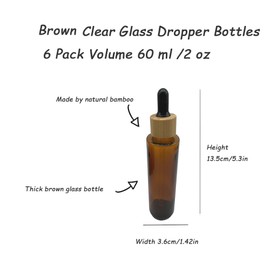 BEECO GIF2U Brown Glass Dropper Bottles 60ml/2 oz 6 PACK,Essential Oil Bottles With Eye Dropper And Bamboo Lids Perfume Sample Vials Essence Liquid Cosmetic Containers