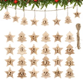 LIHAO Advent Calendar 24 Numbers Wooden Pendants Christmas Pendants Christmas Countdown Numbers Advent Calendar for Crafts Wooden Decorations for Christmas Tree Gift Decoration