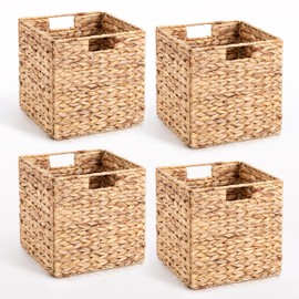 10.5 x 10.5in Storage Baskets Wicker, Cube Foldable Hyacinth Baskets Set of 4, Water Hyacinth Storage Baskets for Shelves,Living Room
