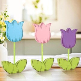 3 Pcs Spring Table Decorations Tulip Wooden Set Tabletop Farmhouse Spring Tiered Tray Decor Hello Spring Decorations for Home (Tulip)