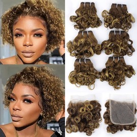 4/27 Short Wavy Curly Bundles with Closure Brazilian P4/27 Wavy Curly 6 Bundles with 4x4 Lace Closure Brazilian Unprocessed Wavy Curly 100% Human Hair Bundles and Closure 25g/bundle(8 8 8 8 8 8+8)