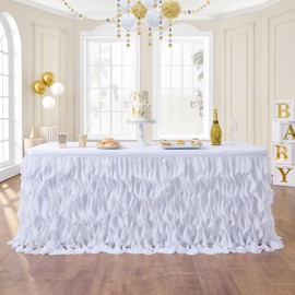 leegleri 9FT White Tutu Table Skirt for Rectangle&Round Tables-Tulle Curly Willow Table Skirt Decorations, White Ruffle Tablecloth for Wedding Bridal Shower Birthday Party Decorations