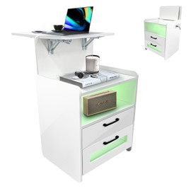 POVUD Night Stand with Flip Adjustable Laptop Table, Bedside Nightstand with Hidden Wheels, Led Lights, Power Strip Outlet, USB-C Port for Bedroom Aesthetic, with Storage, Shelf Black (Shelf White)