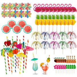 90 PCS Cocktail Party Decorations Cocktail Firework Umbrella Toothpicks 3D Flamingo Pineapple Cocktail Sticks Fruit Straws Hawaiian Tropical Party Decorations Cocktail Accessories for Beach