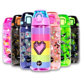 Fringoo - 600ml Kids Water Bottle with Straw & Fliptop Lock - 100% Leakproof - BPA Free 600ml Kids Water Bottle for School - Pixel Heart