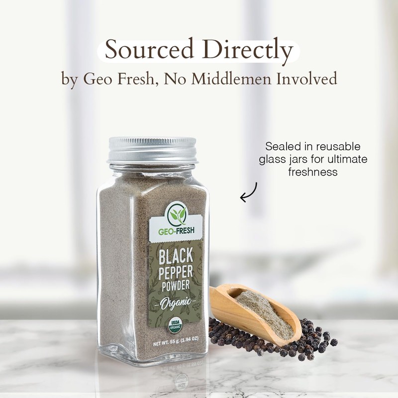 Geo-Fresh Organic Black Pepper Powder – 1.94 oz Glass Jar