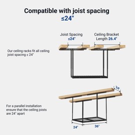 FLEXIMOUNTS 2x3FT Garage Storage Rack Overhead, Adjustable Ceiling Storage Racks, Metal Garage Organization System with 155LBS Weight Capacity, Black, Classic Series