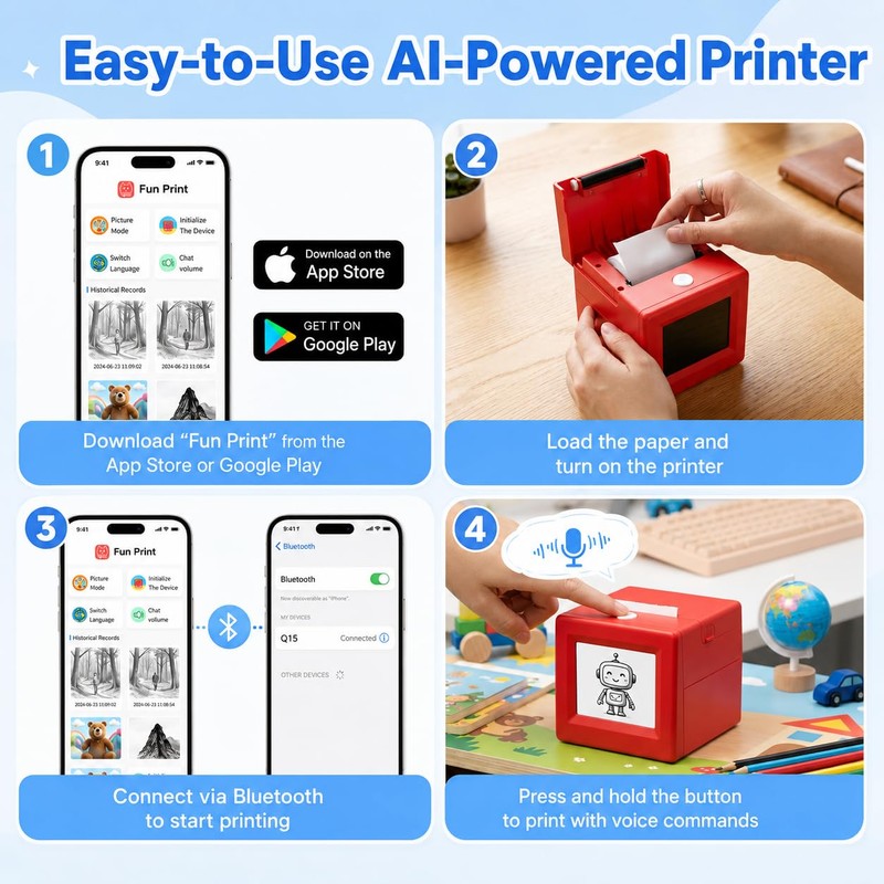 Gaguusu AI Mini Thermal Sticker Printer with Screen, Voice-to-Image for