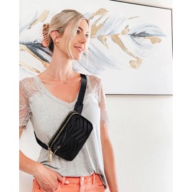 Bumbags for Ladies Sports Fanny Pack for Women Mother Mum Fashion Waist Packs Golden Zippers Vegan Leather by UTO Wave Black