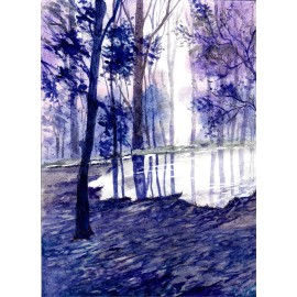 Pond In The Forest At Dawn, Purple And Blue Landscape, Rising Sun Art