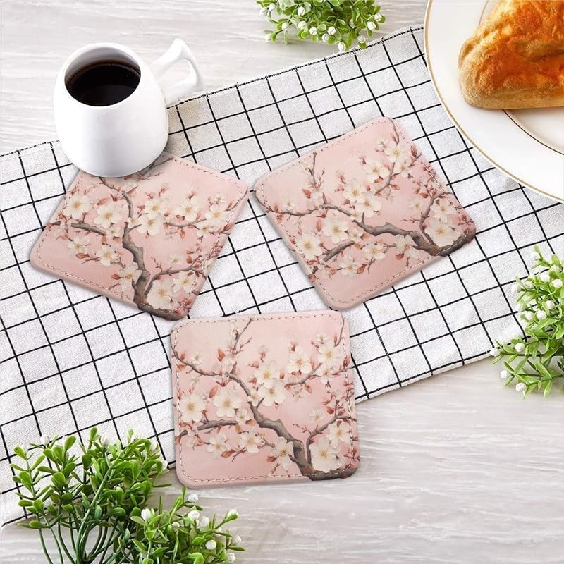 Coasters for Drinks with Holder, Pink Cherry Blossoms on Branches