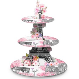 Fullhawl Paris Party Cupcake Stand 3-Tier Pink Eiffel Tower Cupcake Holder Pink Paris Dessert Tower European City Landscape Birthday Decorations Supplies for Baby Shower Tea Party Wedding