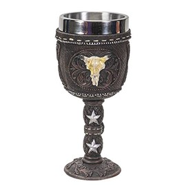 Pacific Giftware Western Themed Cow Skull Lone Star Faux Leather Stainless Steel 7fl oz Resin Goblet