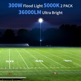 ISUERFY 300W LED Flood Light Outdoor with Plug, 36000LM Ultra Brighter Security Light, IP66 Waterproof Exterior Plug in Floodlight, 5000K Daylight White for Lawn Yard Garden Stadium(2 Pack)
