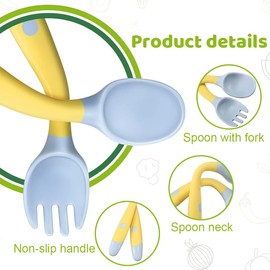 GGUFAY 8 Pieces Toddler Feeding Training Spoon and Fork Tableware, Learning to Eat Cutlery, Easy Grip, Heat-Resistant, Flexible Learning Spoon Forks, BPA-Free, Baby Learning Spoon (Green + Pink +