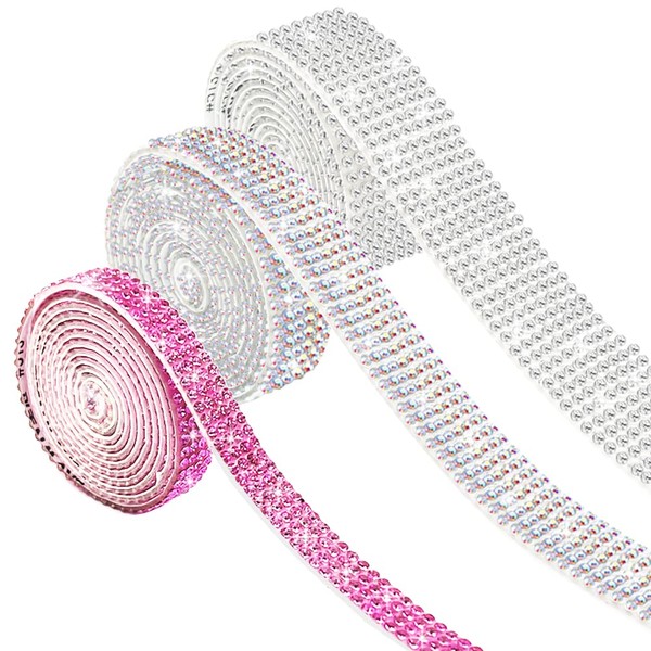AFUNTA - 3 rollos de cinta de diamantes de imitación autoadhesivos, 3 yardas, calcomanías de vidrio con purpurina, cintas brillantes, rollo para tartas de boda, cumpleaños, manualidades (plata AB rosa)