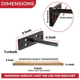 Set of 4 Floating Shelf Brackets Heavy Duty (1/4 inch Thick Baseplate) Painted Black Mild Steel/Bracket for Hidden Wall Shelves Support Hardware Mount Kitchen/Nursery Decor (4 inch Rods)