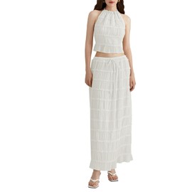 LYSINK Two Piece Maxi Skirt Sets for Women Summer Backless Sleeveless Ruched Beach Halter Cami Top Long Skirt 2 Piece Outfits (Ba White, S)