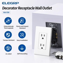 ELEGRP Matte White Decorator Wall Receptacle Outlets, Tamper Resistant 15 Amp Standard Electrical Wall Outlet, Residential Grade, Self-grounding, 125V, Mid Size Wall Plate Included, UL Listed, 10 Pack
