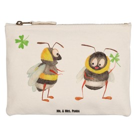 Mr. & Mrs. Panda L Make-Up Bag Bumble Bees with Clover Leaf - 100% Cotton, Good Mood, with Motif, Pencil Case, Funny Sayings, Positive Saying, Animals, Saying Happy, Happy, Cosmetic Bag, White, L Schminktasche