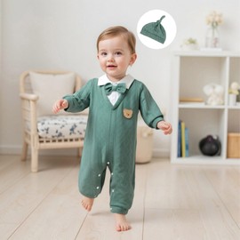 Santikisler Newborn Baby Boy Fall Winter Outfit Bear Long Sleeve Sweater Romper Bowtie Jumpsuit One Piece Dress Clothes Hat (Green, 6-9 Months)