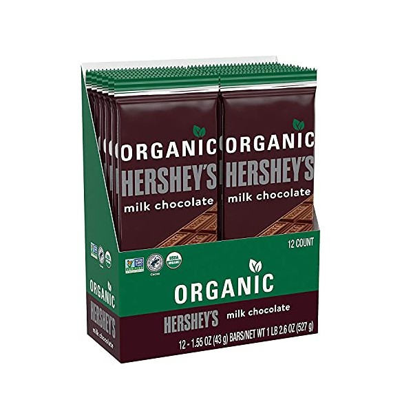 HERSHEY'S Organic Milk Chocolate Candy, Individually Wrapped, 1.55 oz Bar (12 Count)