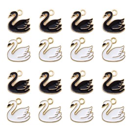 Honbay 40PCS Alloy Enamel Black White Elegant Swan Charms Pendant Gold Plated Mini Swan Dangle Charms for Earrings Bracelets Necklace Keychain Jewelry Making