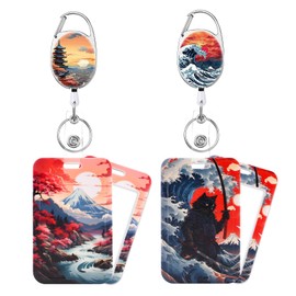 GTOTd Japanese Aesthetic Retractable Badge Reel Lanyard (2 Pack) with ID Badge Holder, Wave and Mount Merch Gifts Party Supplies Badge Clip for Card Key Wallet Teens Student Office Teacher
