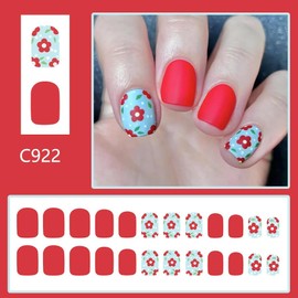 Red Blue Press on Nails Short Square Fake Nails Flower Stick on Nails Spring Glue on Nails Full Cover Artificial Acrylic False Nails Reusable Press on Nails Kit for Women Girls 24Pcs