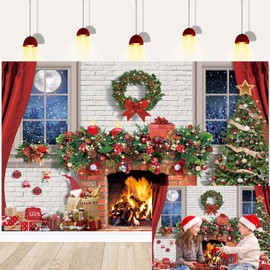 Christmas Fireplace Backdrop Xmas Tree Gift Sock Fireplace White Brick Wall Winter Snow Photography Background Children's Christmas Fireplace Decoration Photography Studio Props 7x5FT