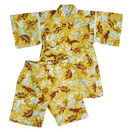 Gokigen Meito 91000 Kids Jinbei, Boy, 2-Piece Set, Dinosaur Pattern, 100% Cotton, 100% Cotton, 100, 110, 120, 130, Black, Gray, Khaki, Navy, Mustard, White, Made in China, yellow (mustard)