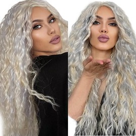 HuxoWax Gray Human Hair Bundles Gray/613 Water Wave Bundle Highlight Wet and Wavy Human Hair 3 Bundles 18 20 22 Inch Double Weft Blonde Bundle Hair Weave