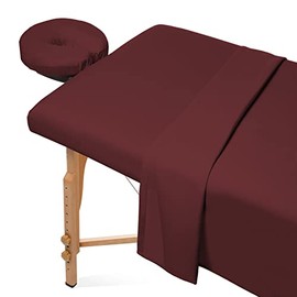Saloniture 3-Piece Microfiber Massage Table Sheet Set - Premium Facial Bed Cover - Includes Flat and Fitted Sheets with Face Cradle Cover - Burgundy