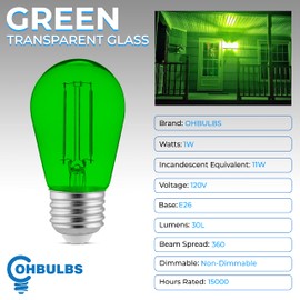 OHLECTRIC S14 Green LED Bulbs with E26 Base - 1W LED Replacement Bulb - Ideal for Festive String Lights, Christmas, Indoor& Outdoor Lighting (4-Pack)