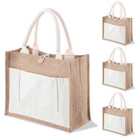 MAQUITA Burlap Tote Bags, 4 Pcs Natural Jute Reusable Gift Favors Bag with handles Blank Tote Bulk for Bridesmaid Wedding, Women Market Grocery Shopping, Bachelorette Party, Beach Trip, DIY
