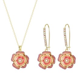 BriLove Rose Flower Necklace Earrings Set for Women Shiny Rhinestone Enamel Floral Fashion Jewelry Set for Party Prom Accessories Pink Gold-Tone